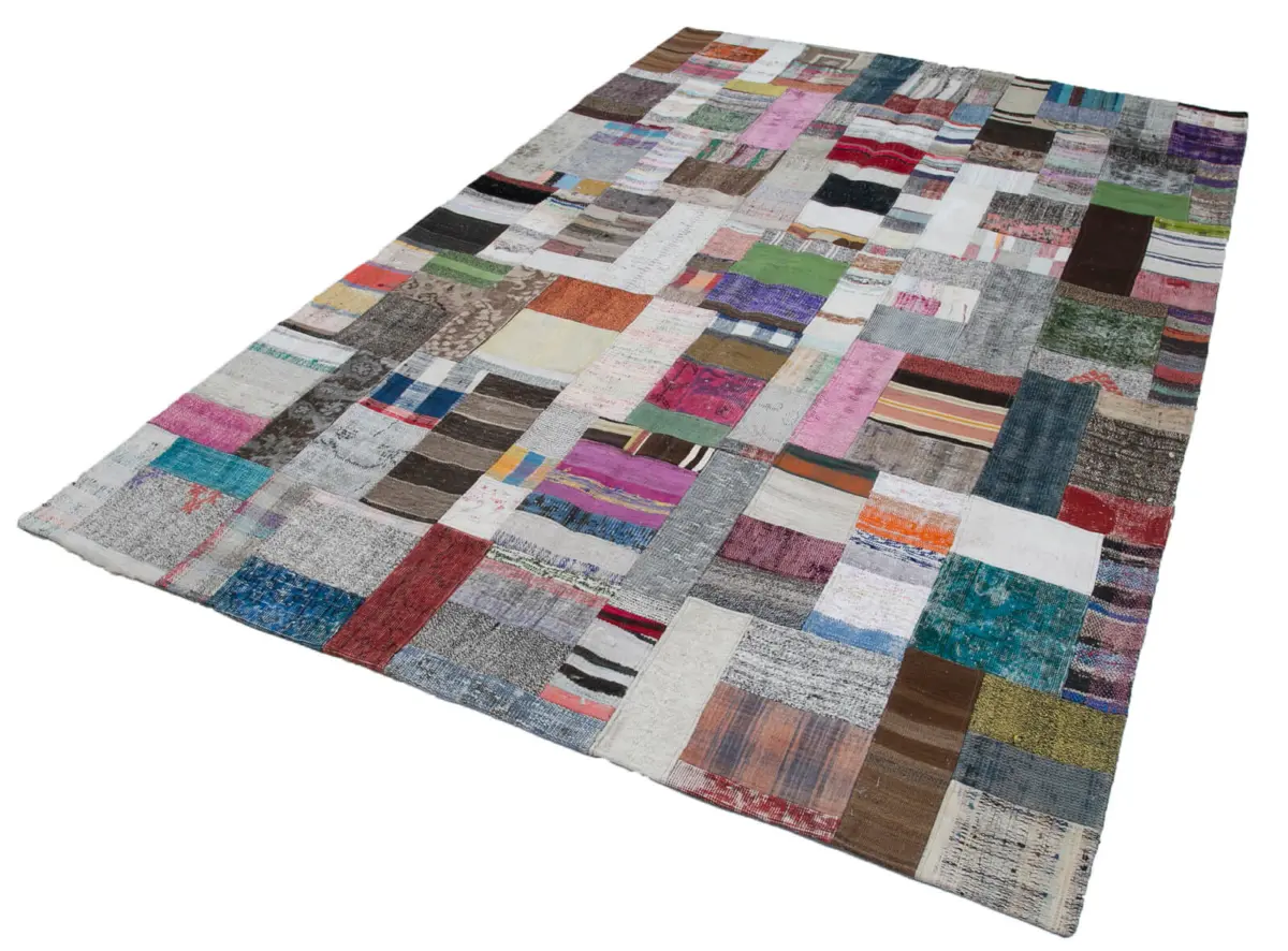 Chaput Patchwork Multi Renk Pamuk Üzerine Yün El Dokuma Kilim-200x300 - Görsel 3