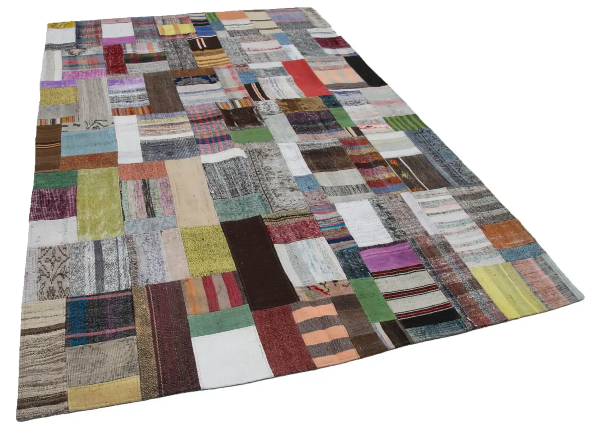 Chaput Patchwork Multi Renk Pamuk Üzerine Yün El Dokuma Kilim-200x300 - Görsel 2