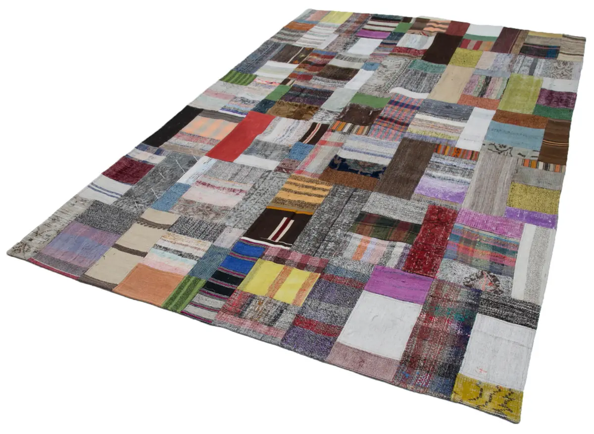 Chaput Patchwork Multi Renk Pamuk Üzerine Yün El Dokuma Kilim-200x300 - Görsel 3