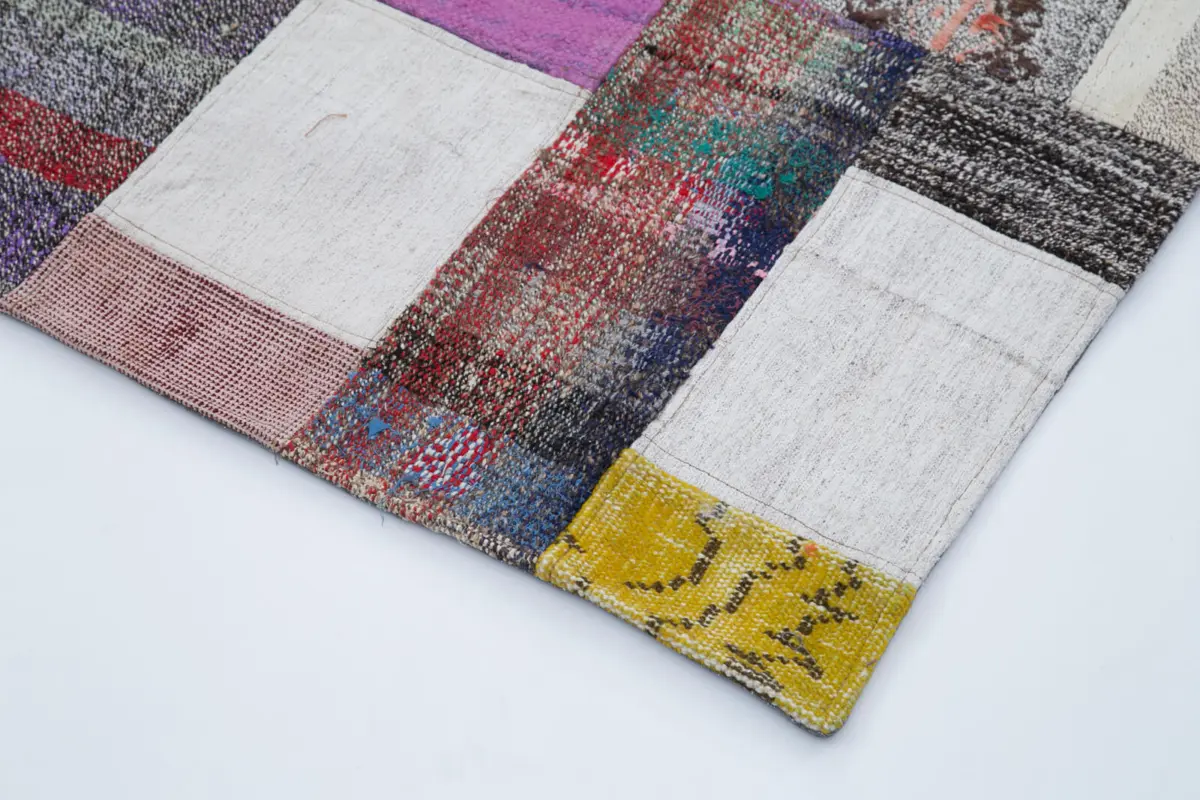 Chaput Patchwork Multi Renk Pamuk Üzerine Yün El Dokuma Kilim-200x300 - Görsel 4