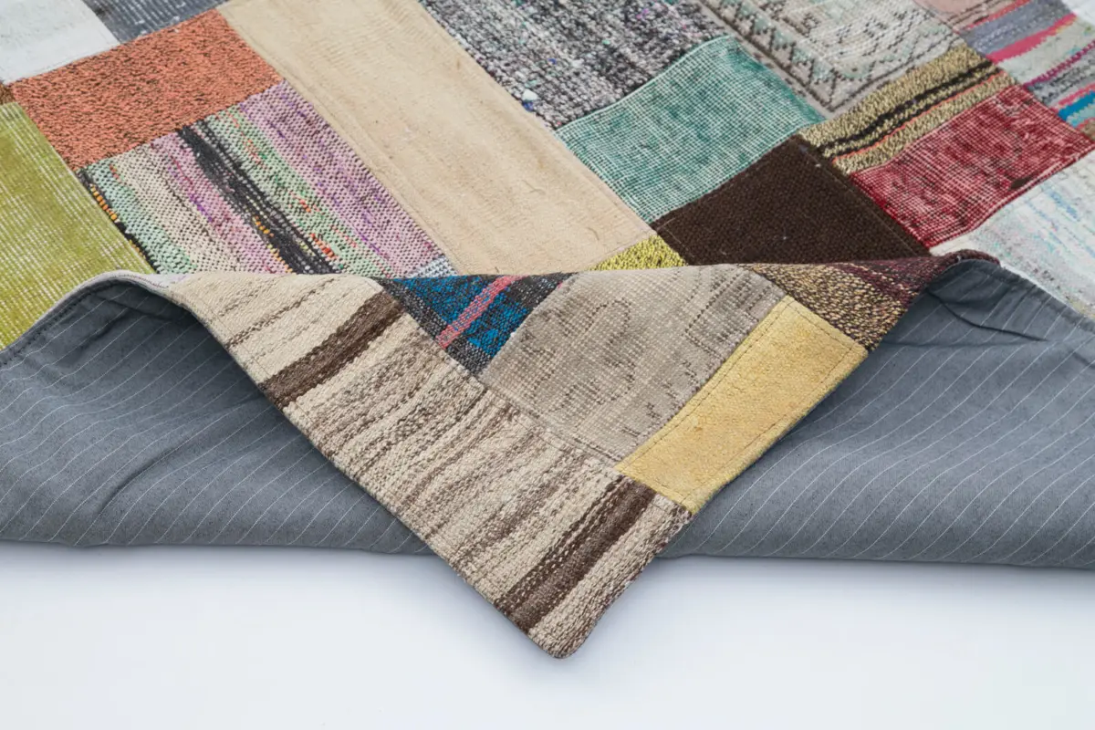 Chaput Patchwork Multi Renk Pamuk Üzerine Yün El Dokuma Kilim-200x300 - Görsel 5