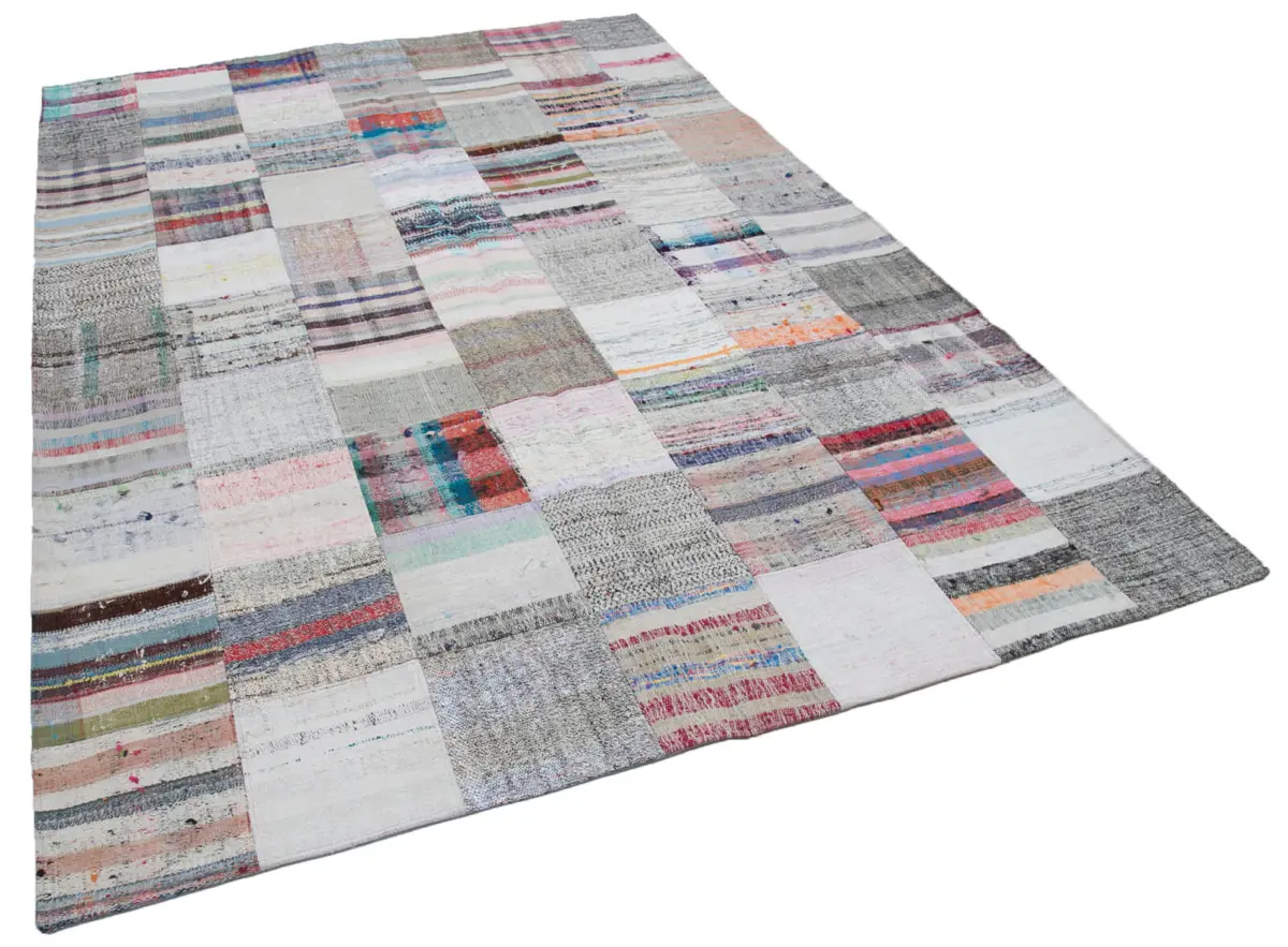 Chaput Patchwork Beyaz Renk Pamuk Üzerine Yün El Dokuma Kilim-212x305 - Görsel 2