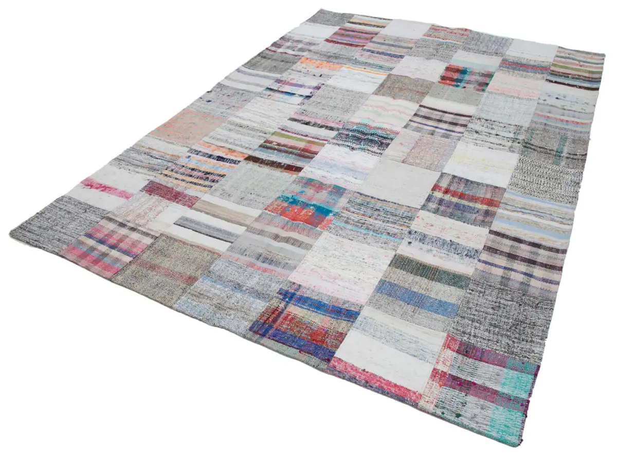 Chaput Patchwork Beyaz Renk Pamuk Üzerine Yün El Dokuma Kilim-212x305 - Görsel 3