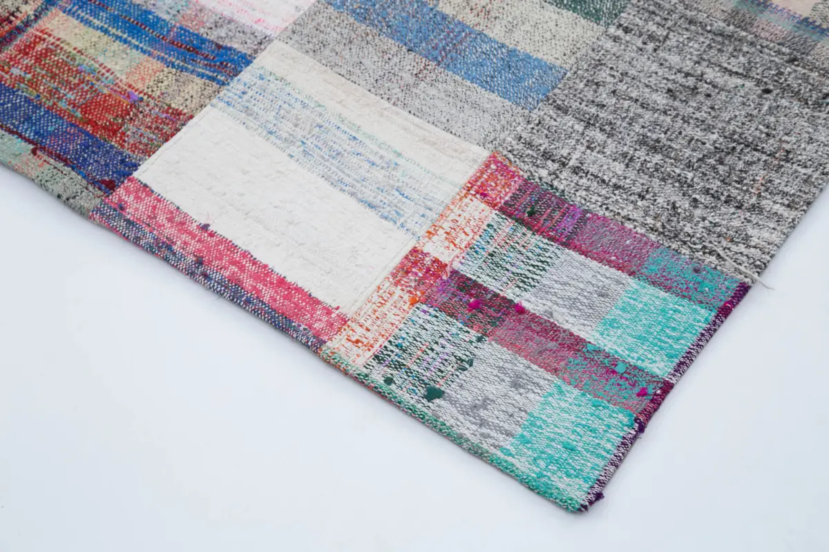 Chaput Patchwork Beyaz Renk Pamuk Üzerine Yün El Dokuma Kilim-212x305 - Görsel 4