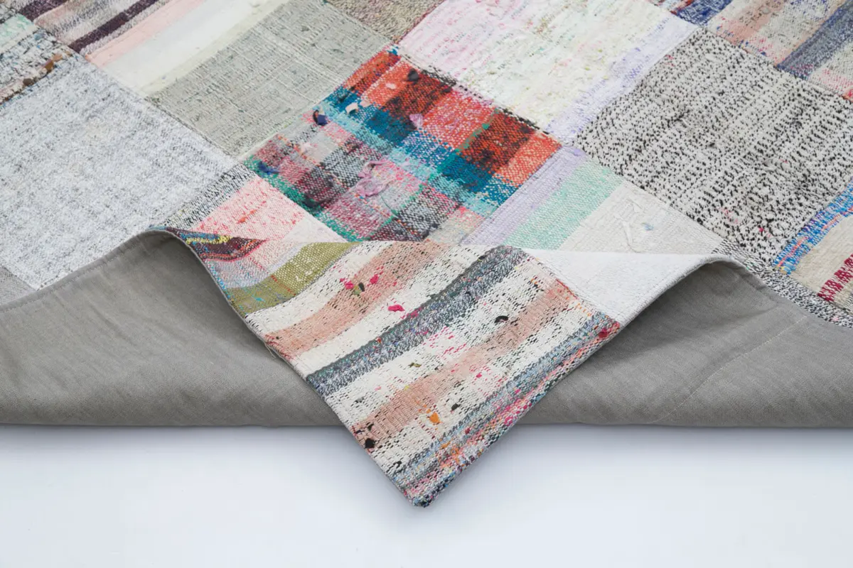 Chaput Patchwork Beyaz Renk Pamuk Üzerine Yün El Dokuma Kilim-212x305 - Görsel 5