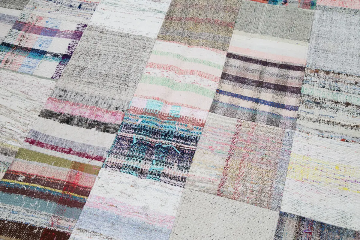 Chaput Patchwork Beyaz Renk Pamuk Üzerine Yün El Dokuma Kilim-212x305 - Görsel 6