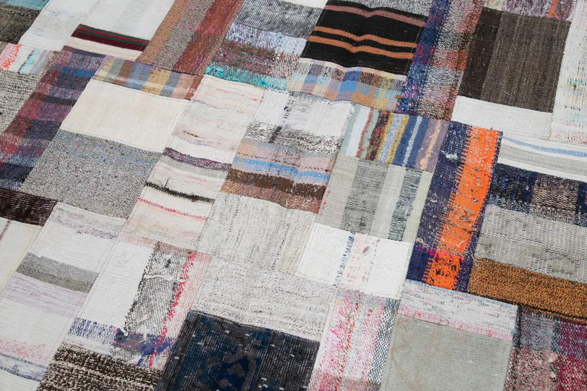 Chaput Patchwork Multi Renk Pamuk Üzerine Yün El Dokuma Kilim-207x306 - Görsel 6