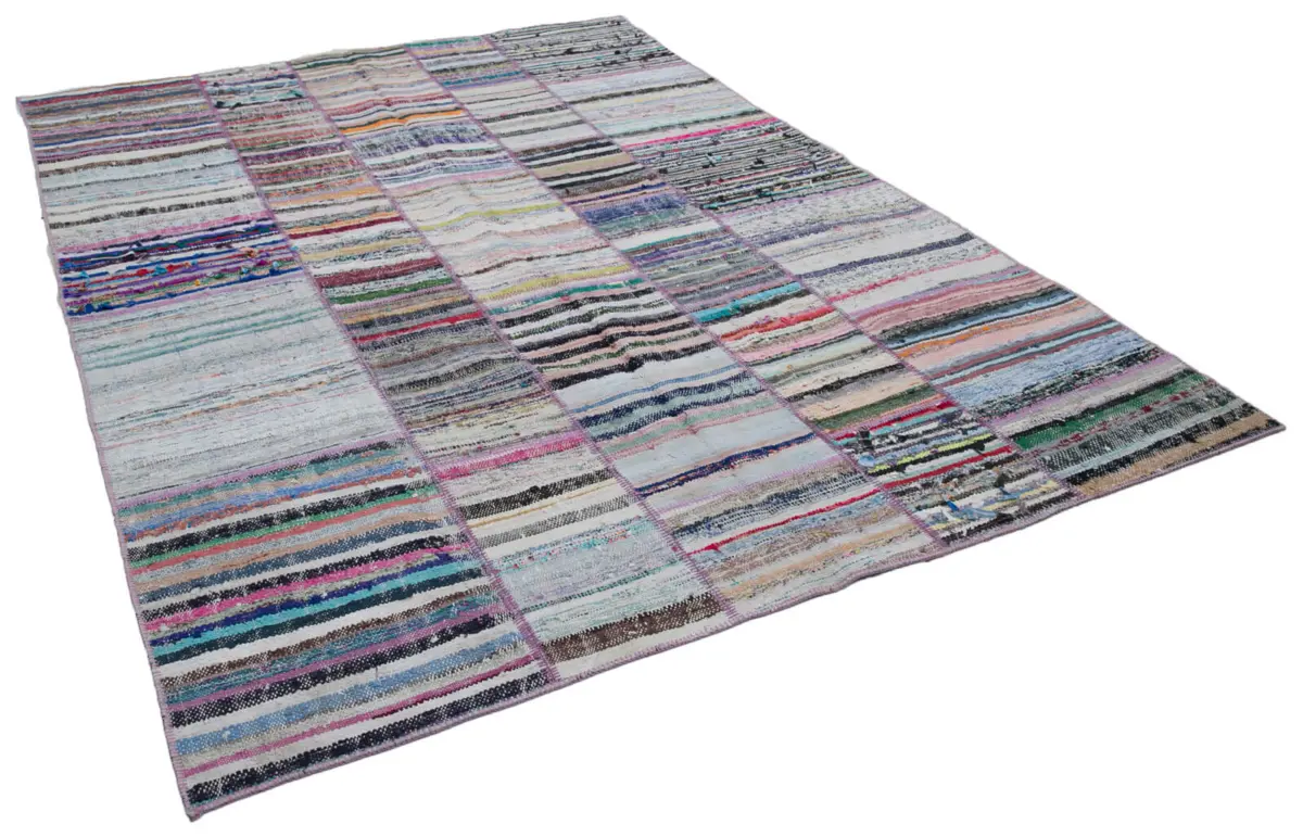 Chaput Patchwork Multi Renk Pamuk Üzerine Yün El Dokuma Kilim-198x281 - Görsel 2