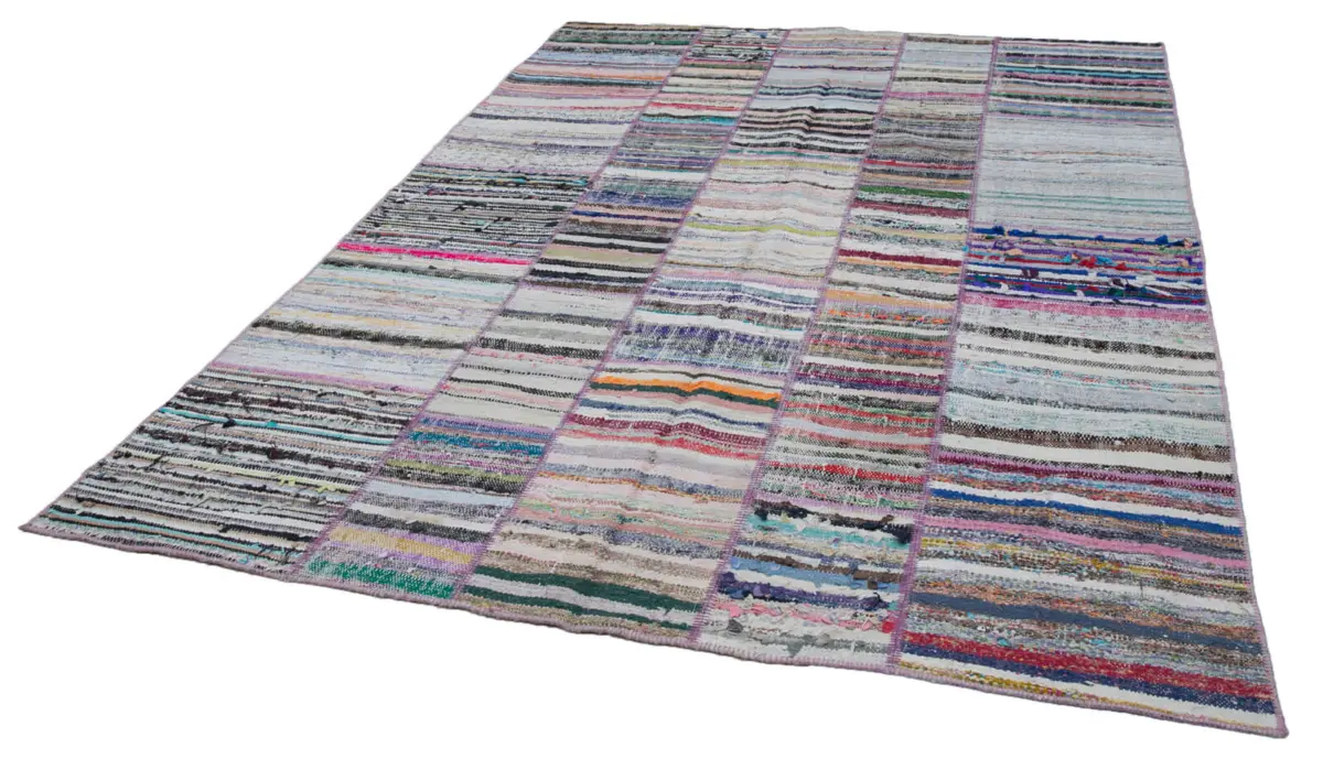 Chaput Patchwork Multi Renk Pamuk Üzerine Yün El Dokuma Kilim-198x281 - Görsel 3