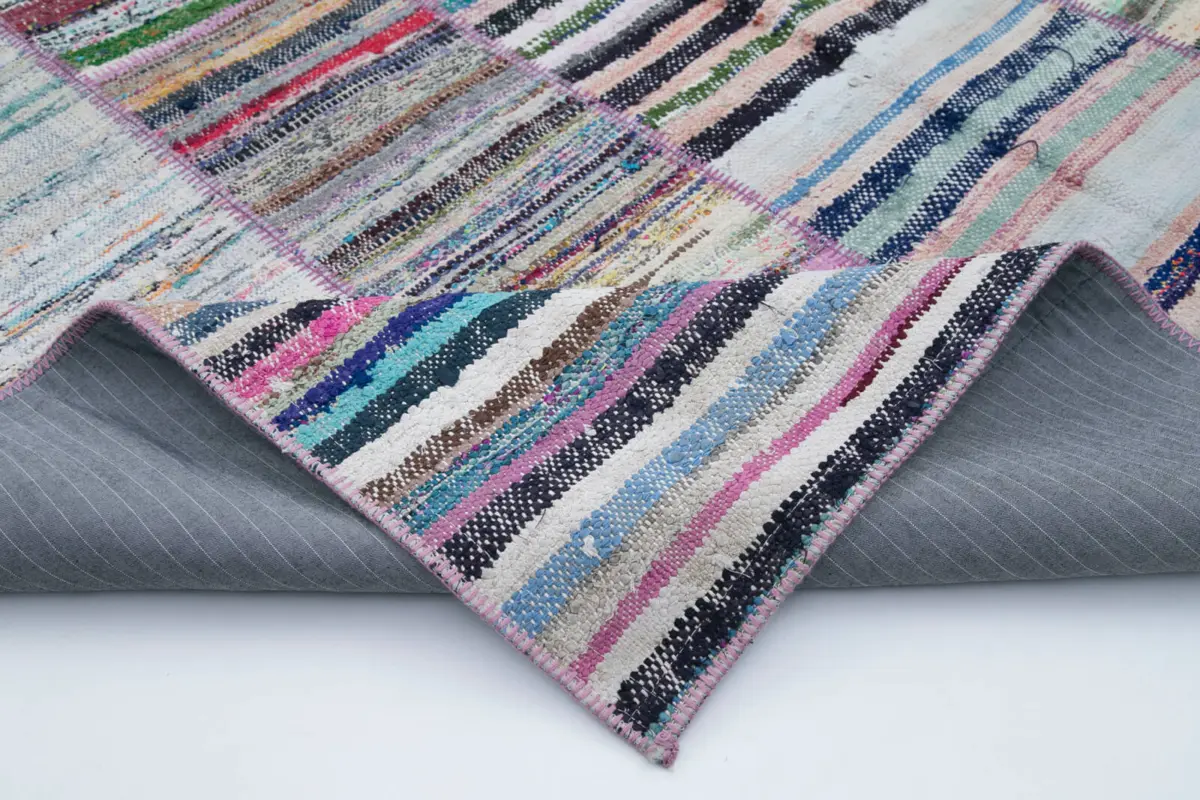 Chaput Patchwork Multi Renk Pamuk Üzerine Yün El Dokuma Kilim-198x281 - Görsel 5