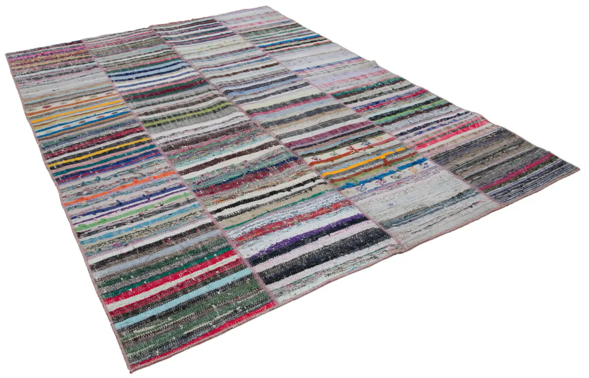 Chaput Patchwork Multi Renk Pamuk Üzerine Yün El Dokuma Kilim-203x285 - Görsel 2