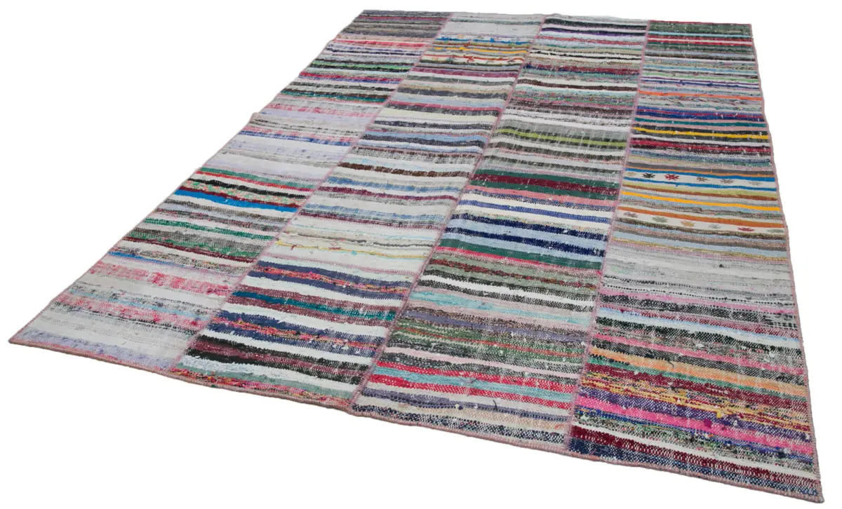 Chaput Patchwork Multi Renk Pamuk Üzerine Yün El Dokuma Kilim-203x285 - Görsel 3