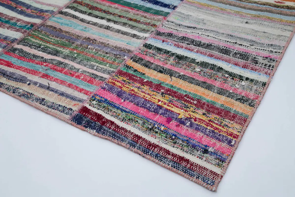 Chaput Patchwork Multi Renk Pamuk Üzerine Yün El Dokuma Kilim-203x285 - Görsel 4