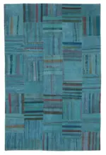 Chaput Patchwork Turkuaz Renk Pamuk Üzerine Yün El Dokuma Kilim-203x308