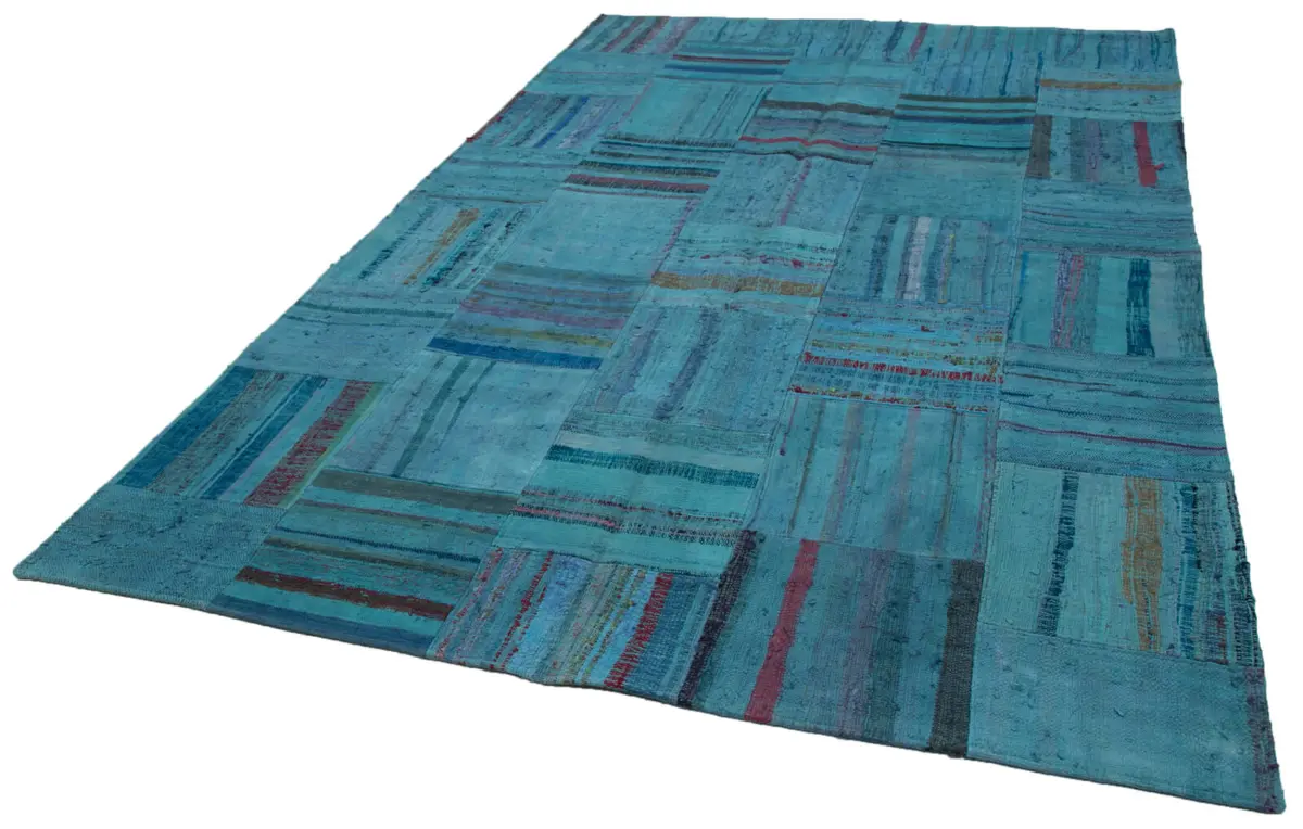 Chaput Patchwork Turkuaz Renk Pamuk Üzerine Yün El Dokuma Kilim-203x308 - Görsel 3