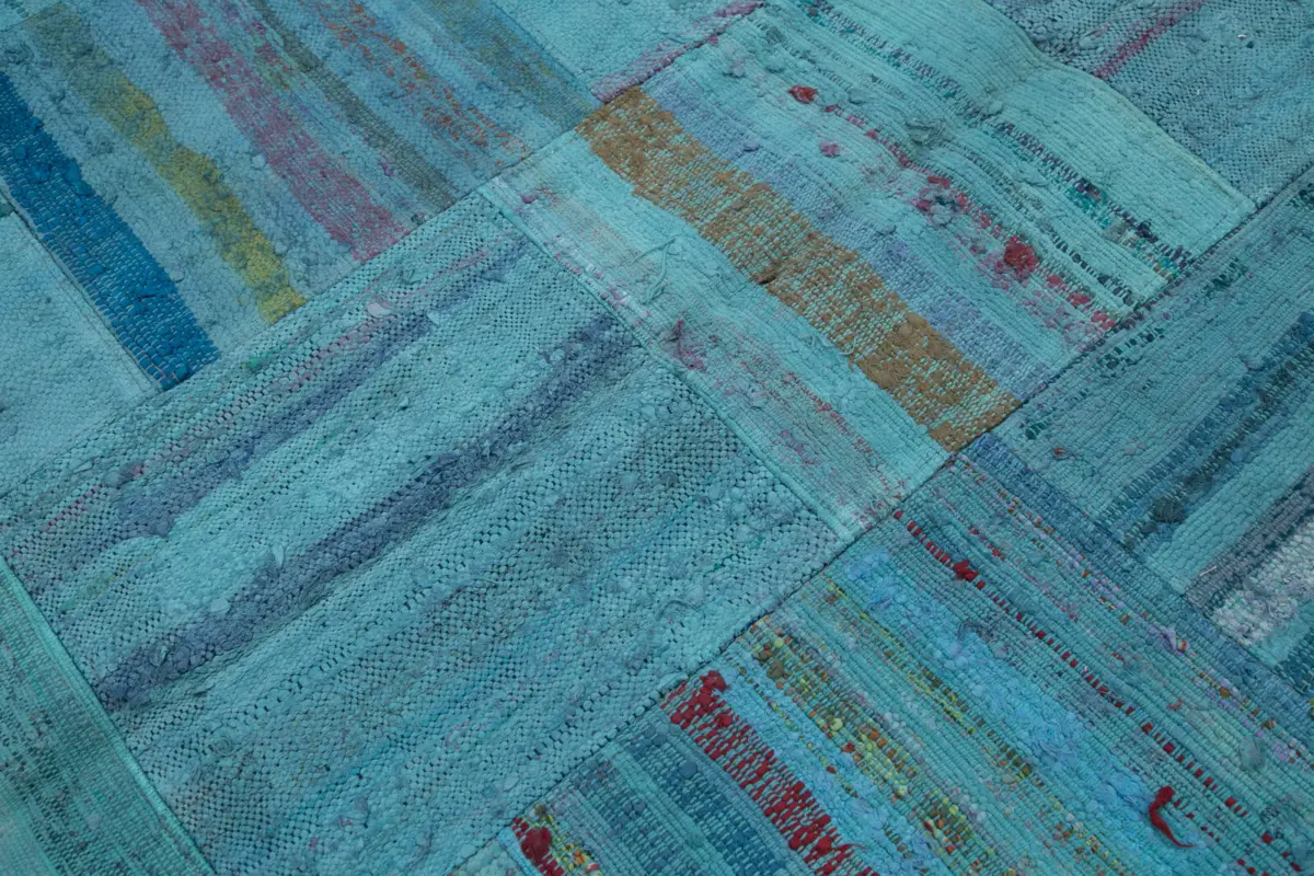 Chaput Patchwork Turkuaz Renk Pamuk Üzerine Yün El Dokuma Kilim-203x308 - Görsel 6