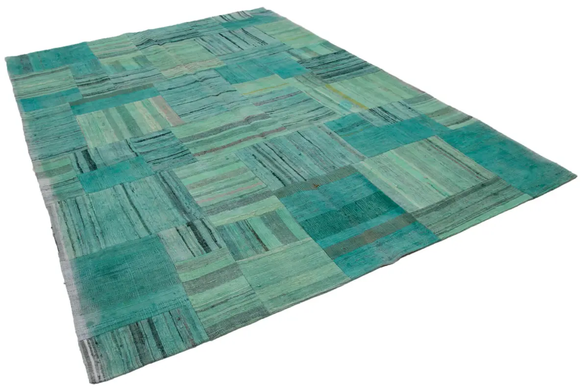 Chaput Patchwork Turkuaz Renk Pamuk Üzerine Yün El Dokuma Kilim-210x296 - Görsel 2