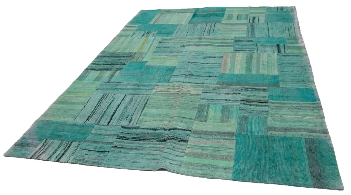 Chaput Patchwork Turkuaz Renk Pamuk Üzerine Yün El Dokuma Kilim-210x296 - Görsel 3