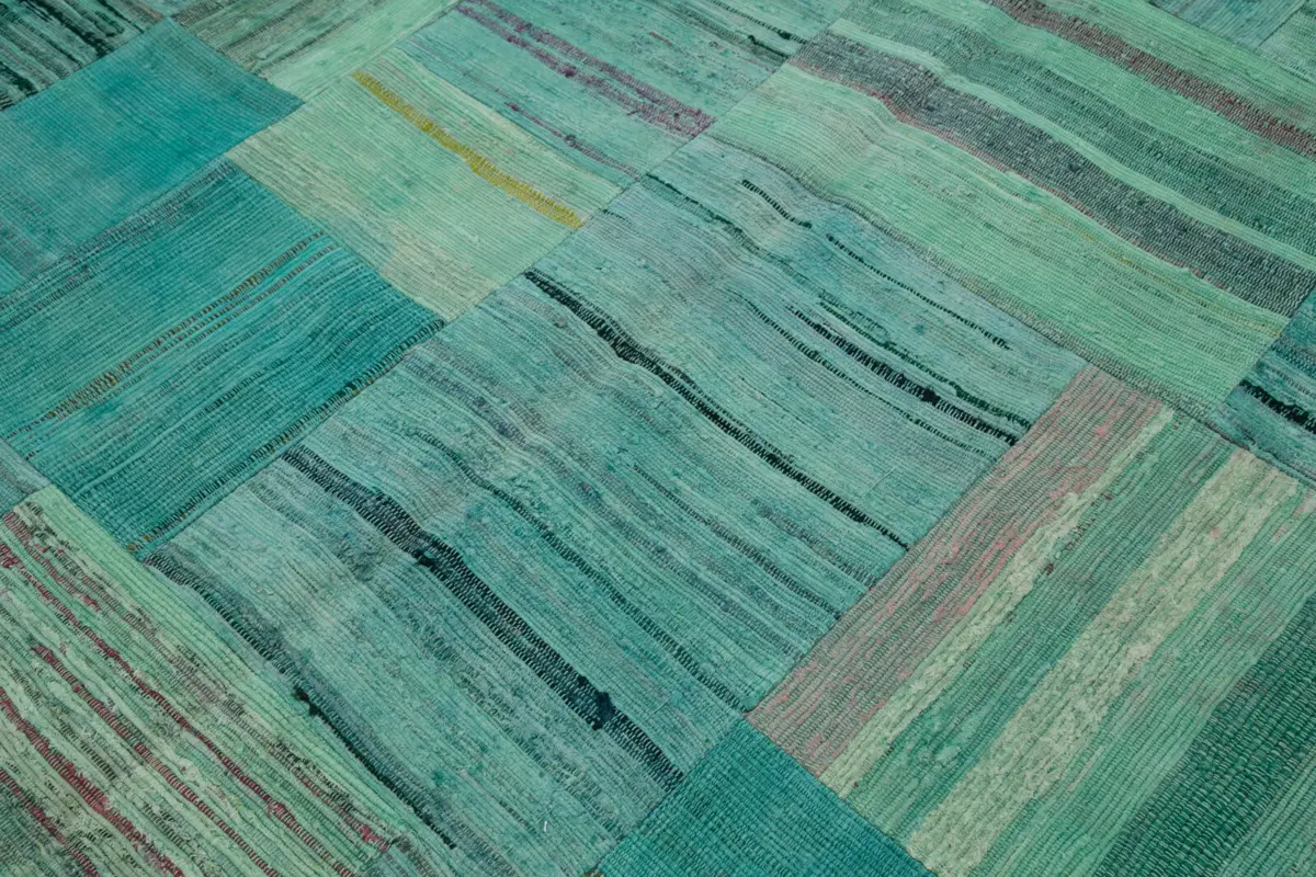 Chaput Patchwork Turkuaz Renk Pamuk Üzerine Yün El Dokuma Kilim-210x296 - Görsel 6