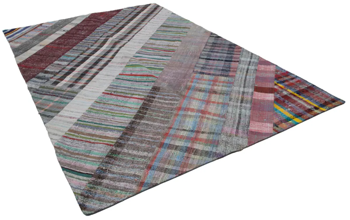 Chaput Patchwork Multi Renk Pamuk Üzerine Yün El Dokuma Kilim-203x303 - Görsel 2