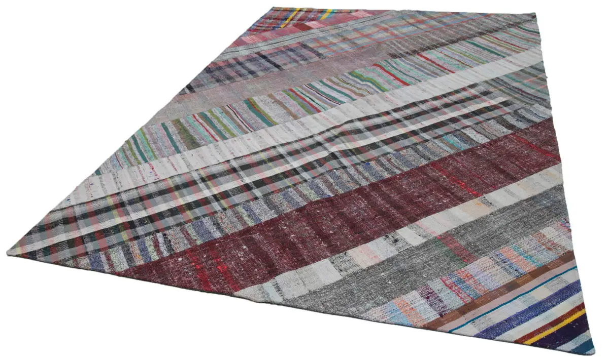 Chaput Patchwork Multi Renk Pamuk Üzerine Yün El Dokuma Kilim-203x303 - Görsel 3