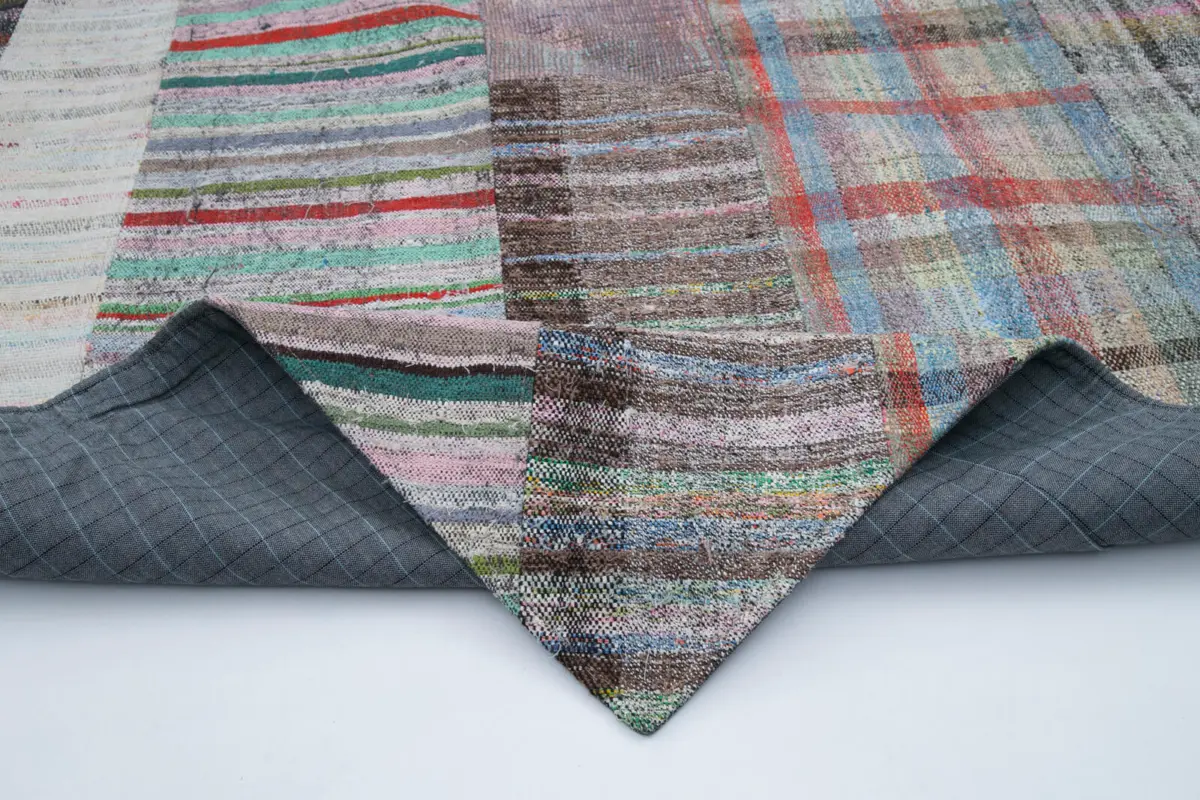 Chaput Patchwork Multi Renk Pamuk Üzerine Yün El Dokuma Kilim-203x303 - Görsel 5
