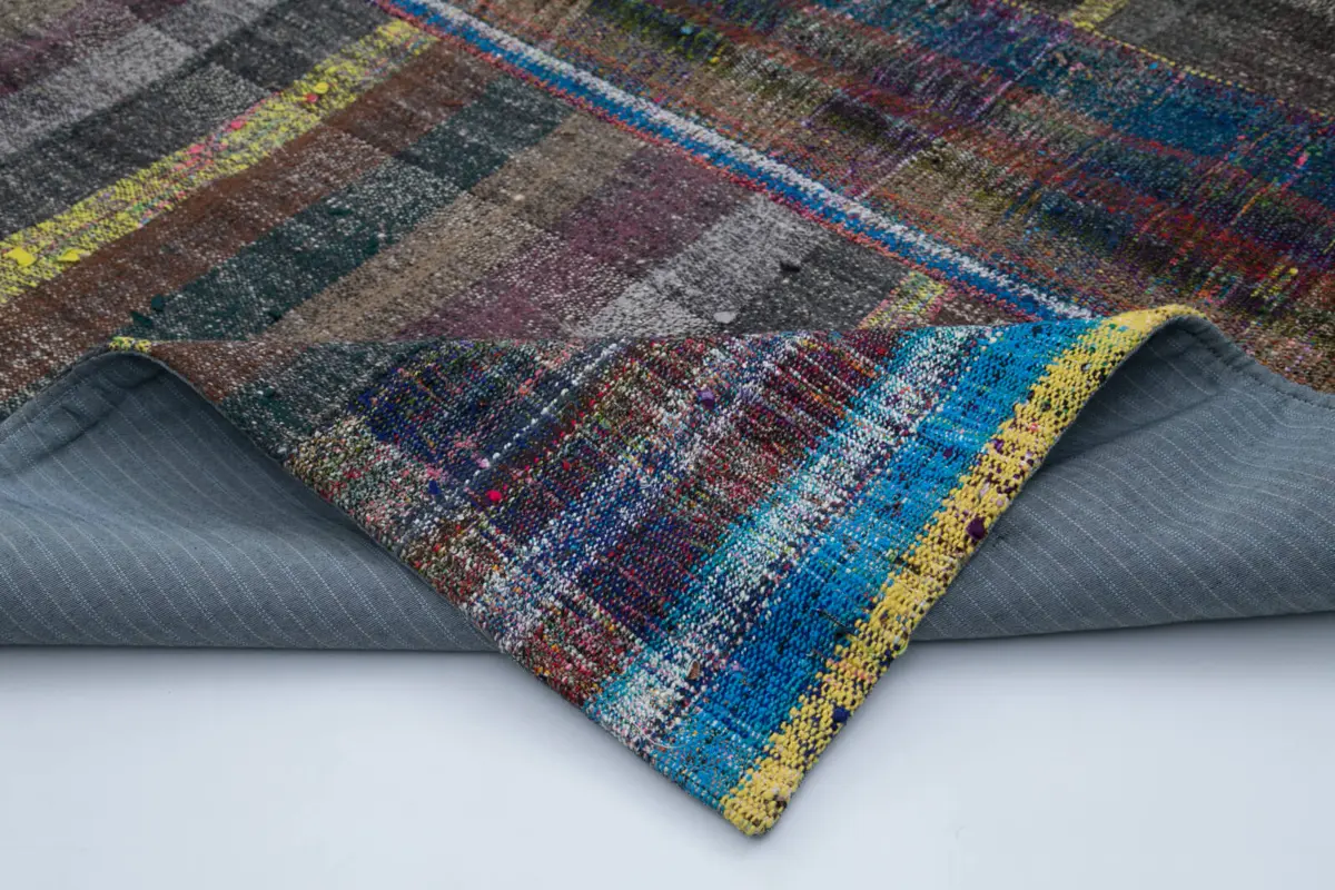 Chaput Patchwork Multi Renk Pamuk Üzerine Yün El Dokuma Kilim-196x300 - Görsel 5