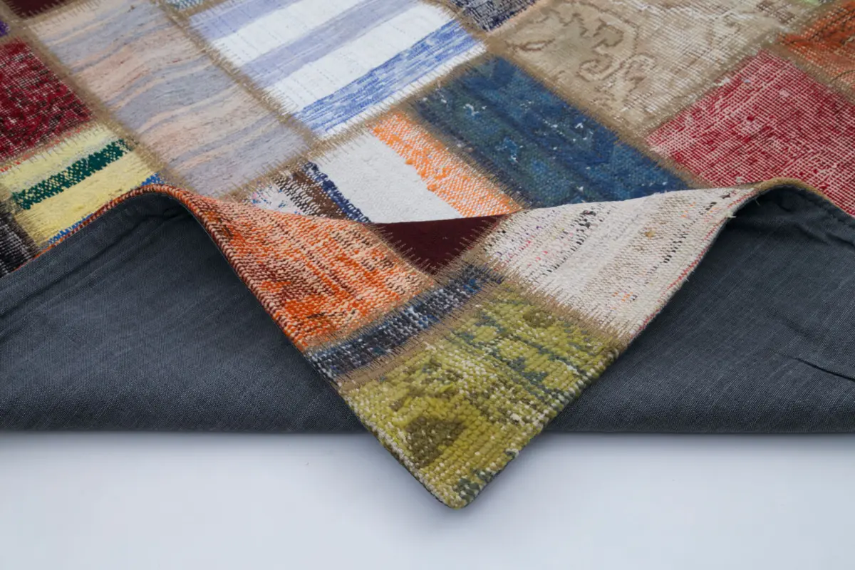 Chaput Patchwork Multi Renk Pamuk Üzerine Yün El Dokuma Kilim-205x293 - Görsel 5
