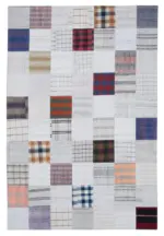 İnce Bez Patchwork Beyaz Pamuk Üzerine Yün El Dokuma Kilim-202x300