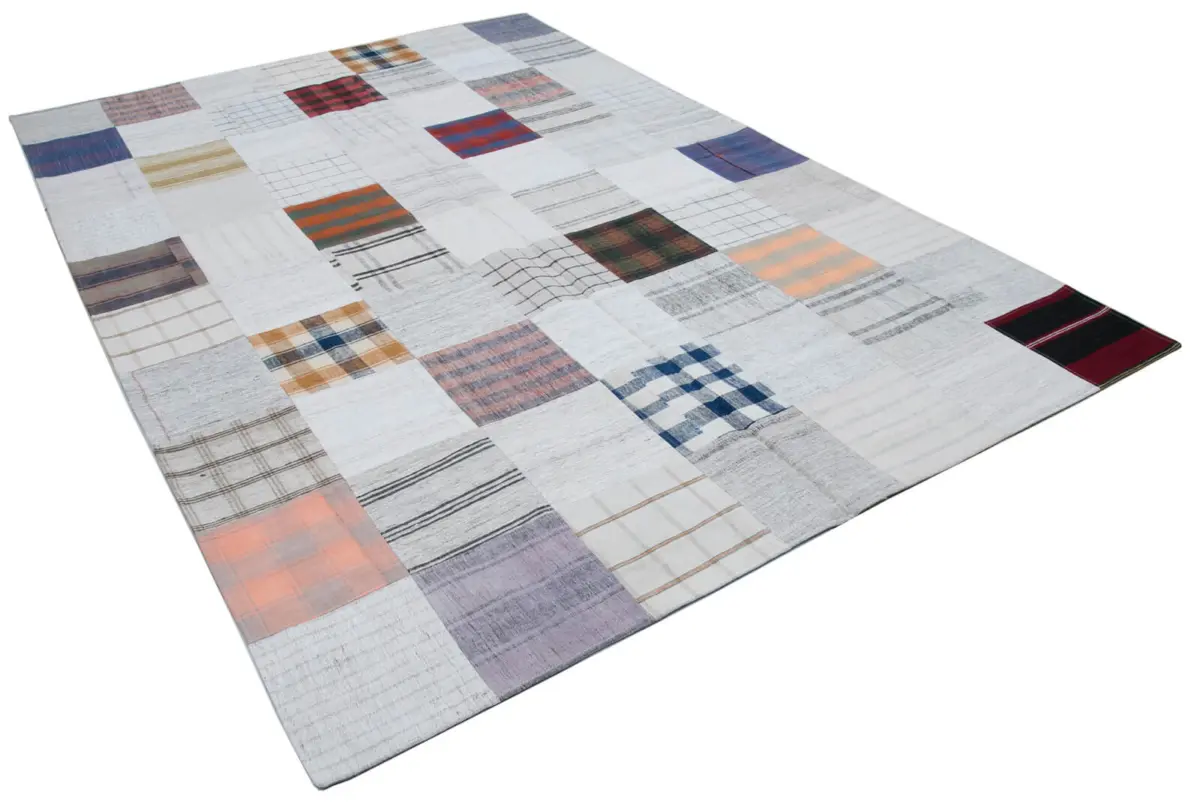 İnce Bez Patchwork Beyaz Pamuk Üzerine Yün El Dokuma Kilim-202x300 - Görsel 2