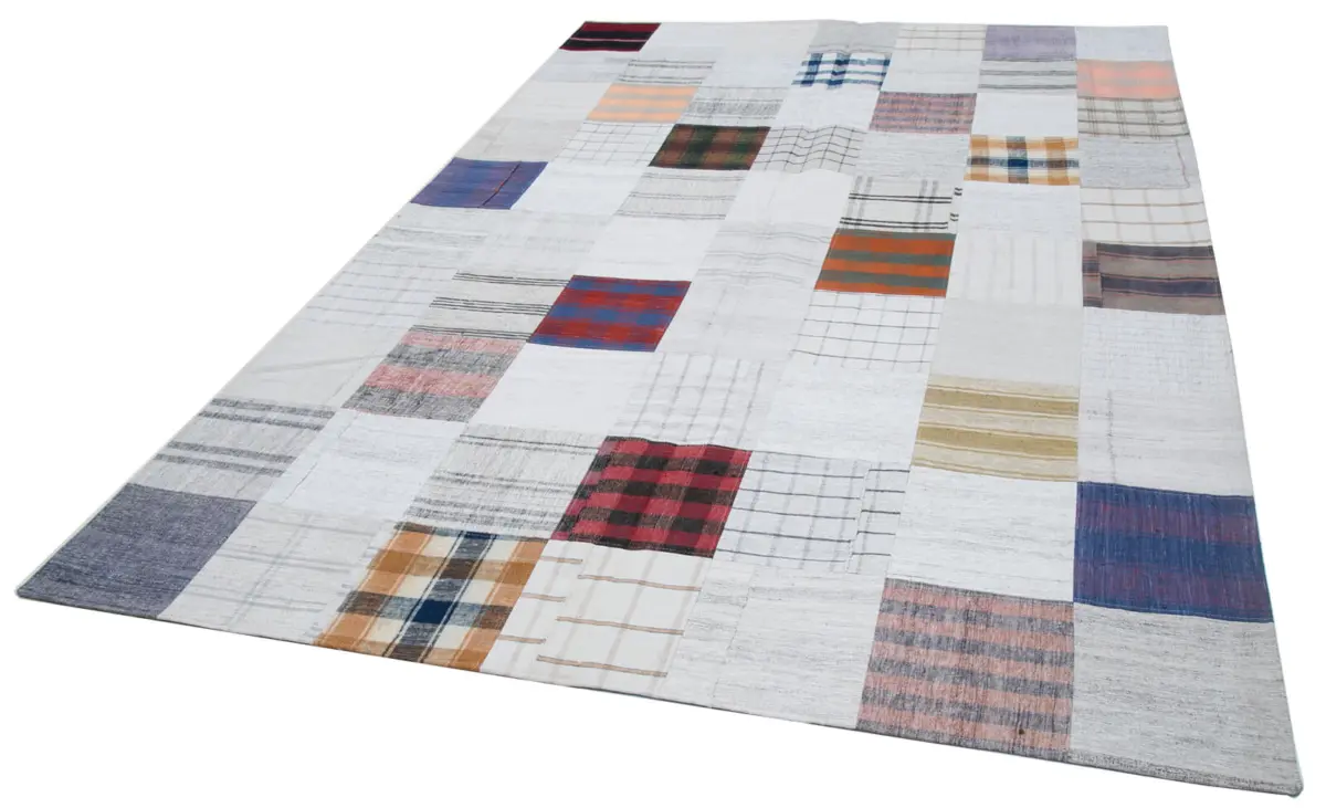 İnce Bez Patchwork Beyaz Pamuk Üzerine Yün El Dokuma Kilim-202x300 - Görsel 3