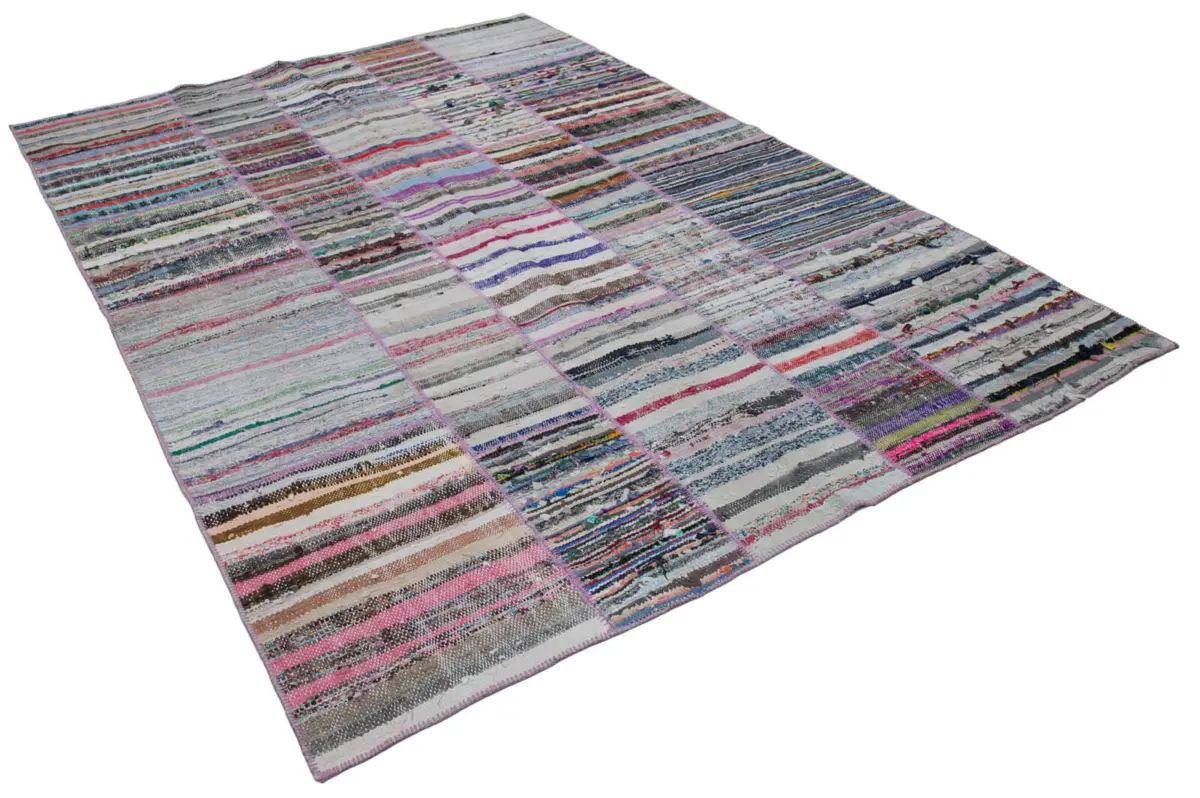 Chaput Patchwork Multi Renk Pamuk Üzerine Yün El Dokuma Kilim-194x283 - Görsel 2