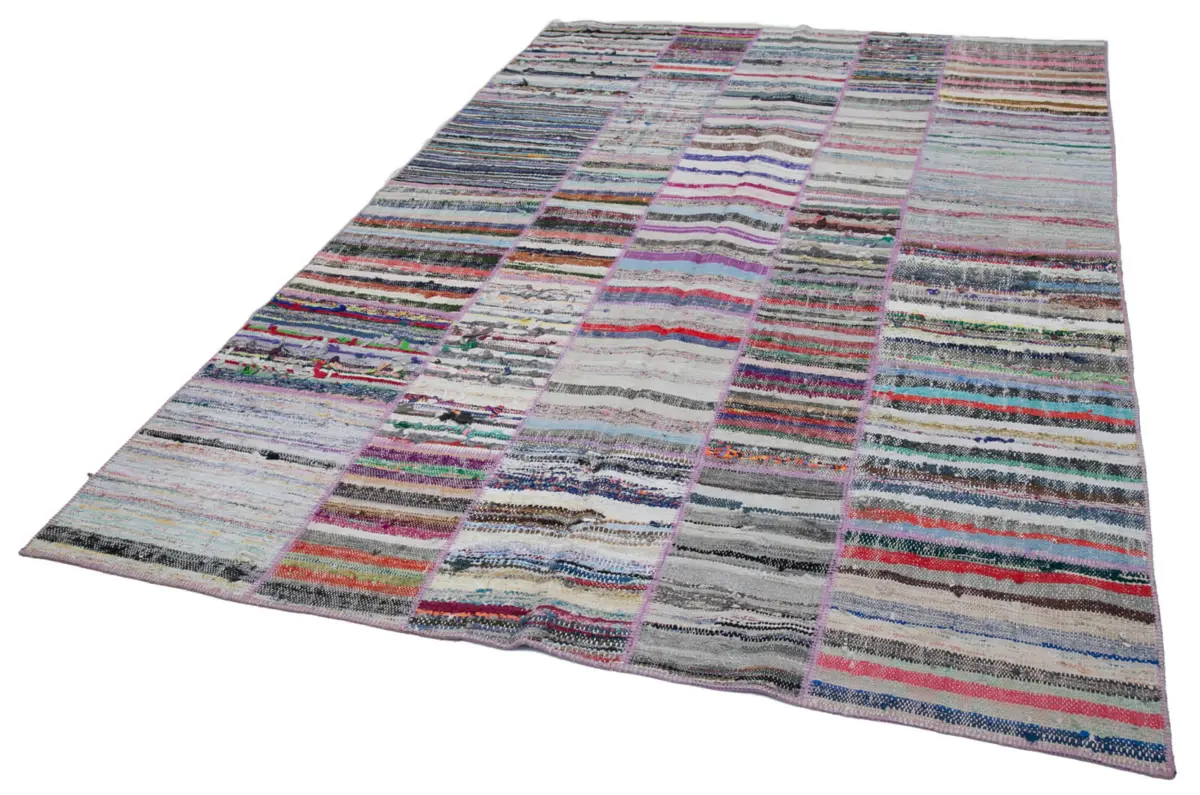 Chaput Patchwork Multi Renk Pamuk Üzerine Yün El Dokuma Kilim-194x283 - Görsel 3