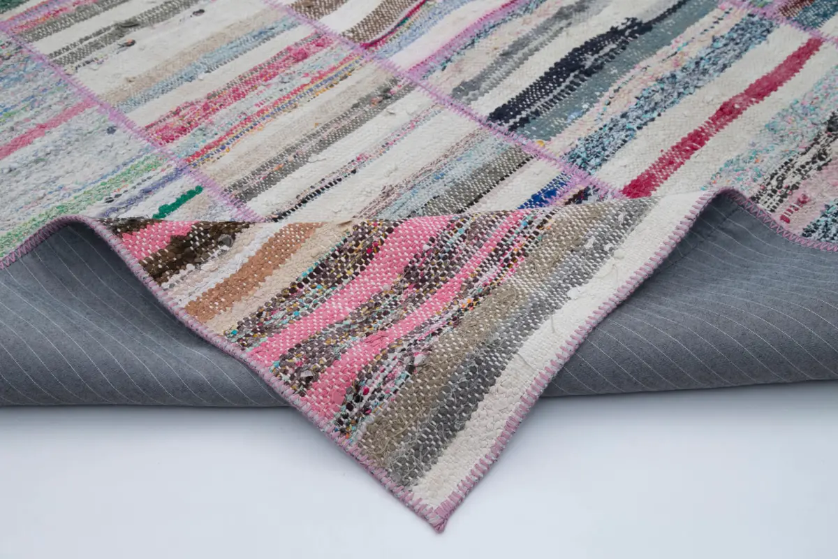 Chaput Patchwork Multi Renk Pamuk Üzerine Yün El Dokuma Kilim-194x283 - Görsel 5