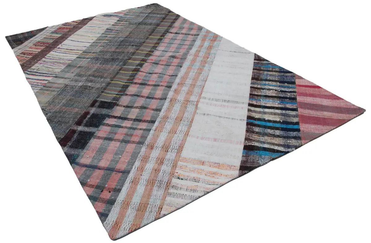 Chaput Patchwork Multi Renk Pamuk Üzerine Yün El Dokuma Kilim-196x304 - Görsel 2