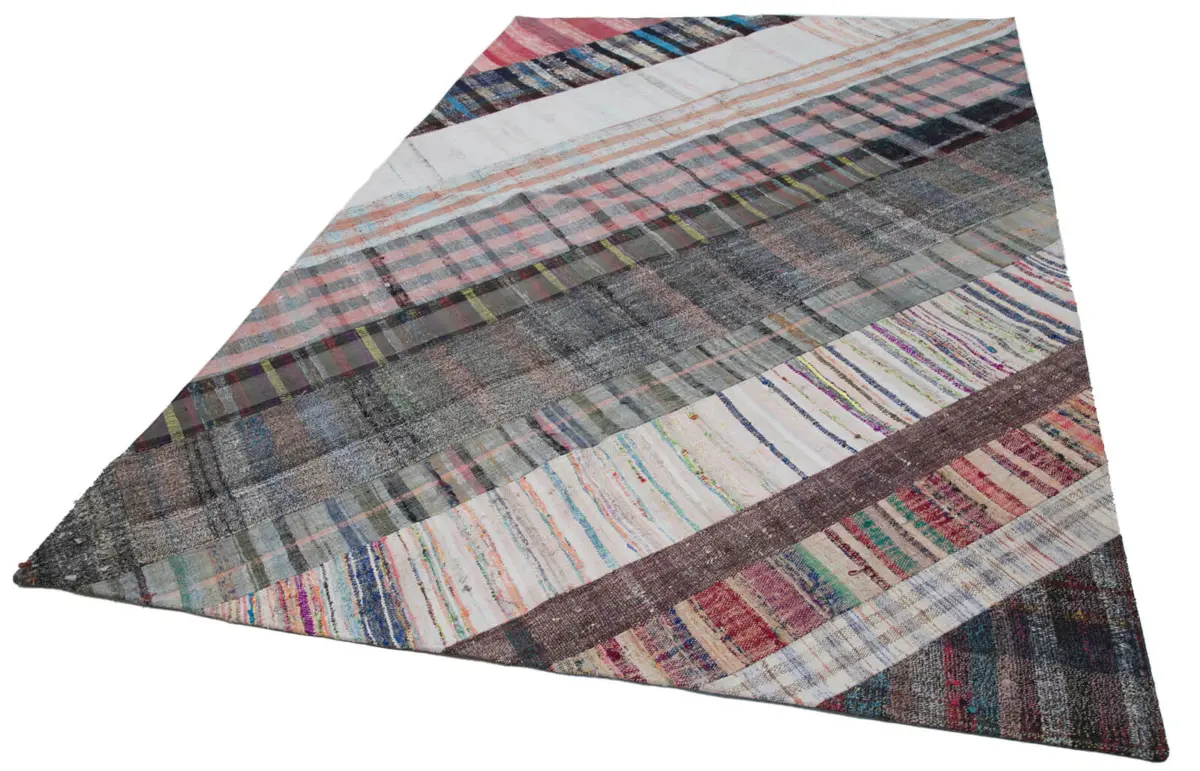 Chaput Patchwork Multi Renk Pamuk Üzerine Yün El Dokuma Kilim-196x304 - Görsel 3