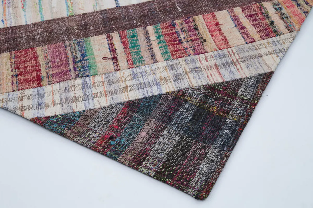 Chaput Patchwork Multi Renk Pamuk Üzerine Yün El Dokuma Kilim-196x304 - Görsel 4
