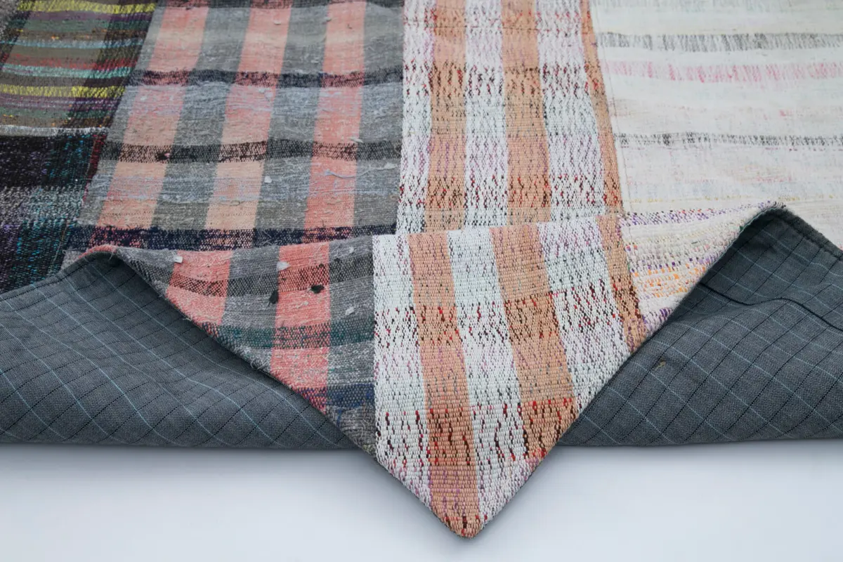 Chaput Patchwork Multi Renk Pamuk Üzerine Yün El Dokuma Kilim-196x304 - Görsel 5