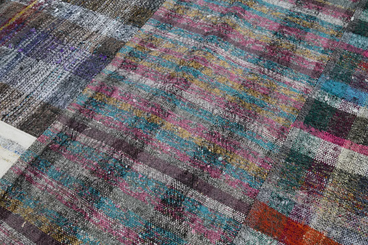 Chaput Patchwork Multi Renk Pamuk Üzerine Yün El Dokuma Kilim-198x302 - Görsel 6