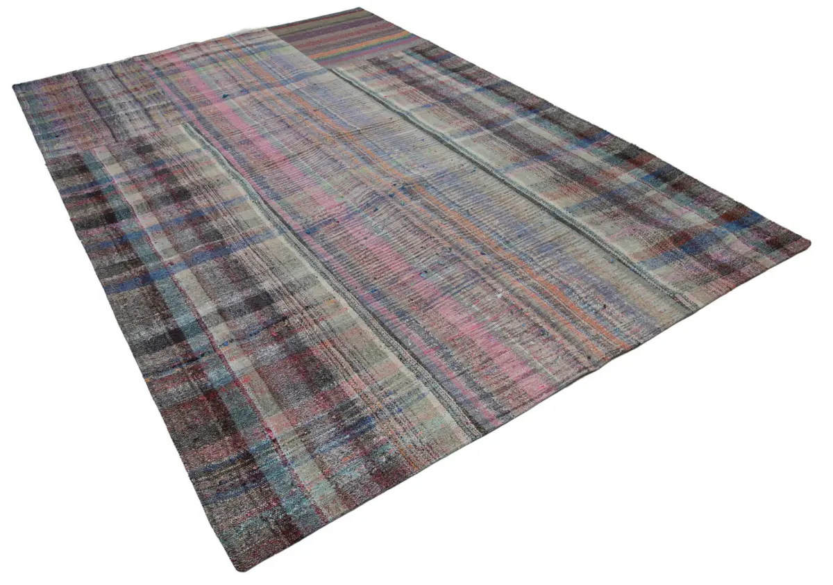 Chaput Patchwork Multi Renk Pamuk Üzerine Yün El Dokuma Kilim-203x300 - Görsel 2