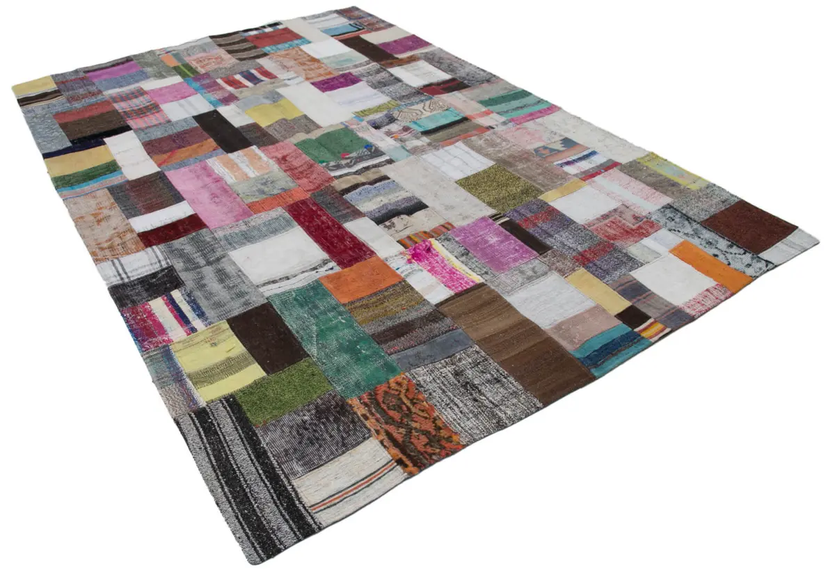 Chaput Patchwork Multi Renk Pamuk Üzerine Yün El Dokuma Kilim-200x300 - Görsel 2