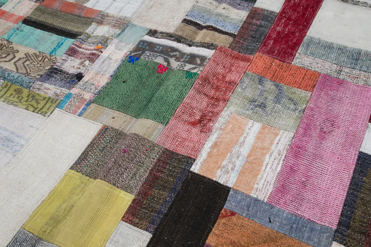 Chaput Patchwork Multi Renk Pamuk Üzerine Yün El Dokuma Kilim-200x300 - Görsel 6