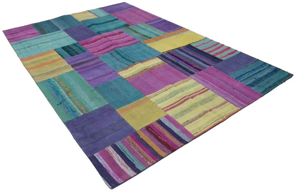 Chaput Patchwork Multi Renk Pamuk Üzerine Yün El Dokuma Kilim-201x302 - Görsel 2