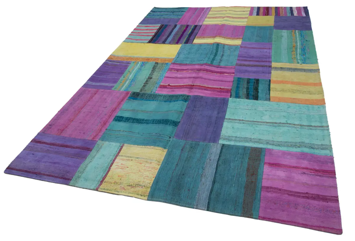 Chaput Patchwork Multi Renk Pamuk Üzerine Yün El Dokuma Kilim-201x302 - Görsel 3