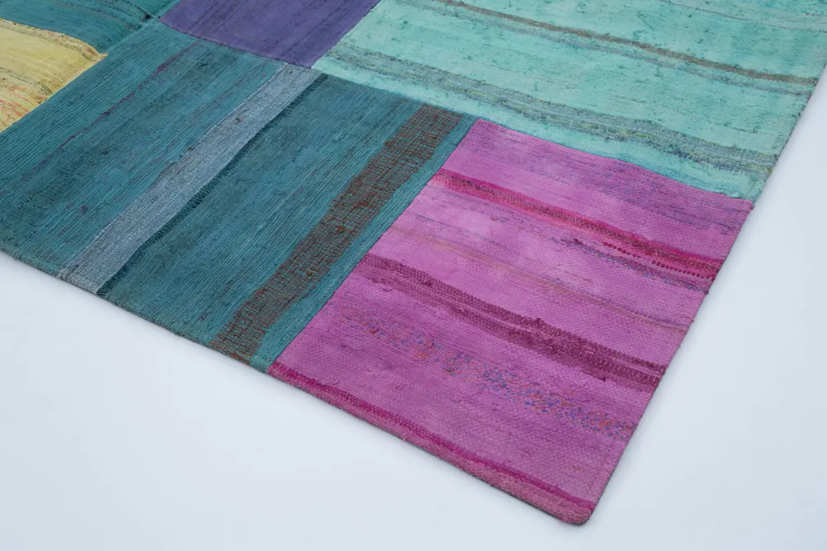 Chaput Patchwork Multi Renk Pamuk Üzerine Yün El Dokuma Kilim-201x302 - Görsel 4