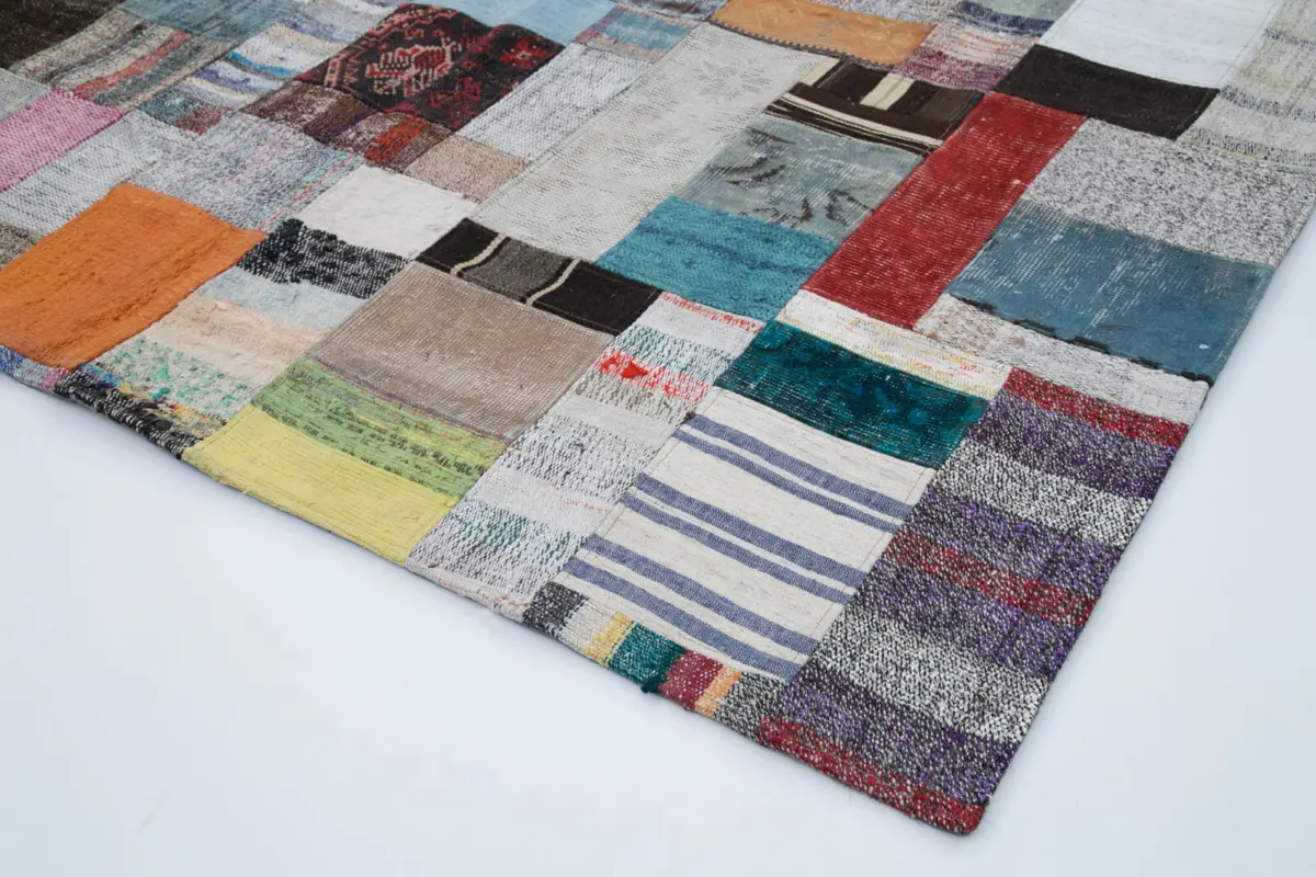 Chaput Patchwork Multi Renk Pamuk Üzerine Yün El Dokuma Kilim-200x305 - Görsel 4