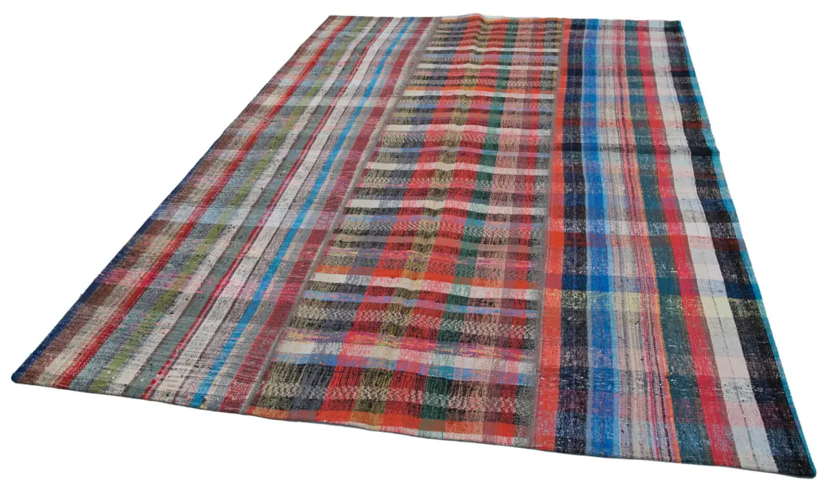 Chaput Patchwork Multi Renk Pamuk Üzerine Yün El Dokuma Kilim-202x285 - Görsel 3