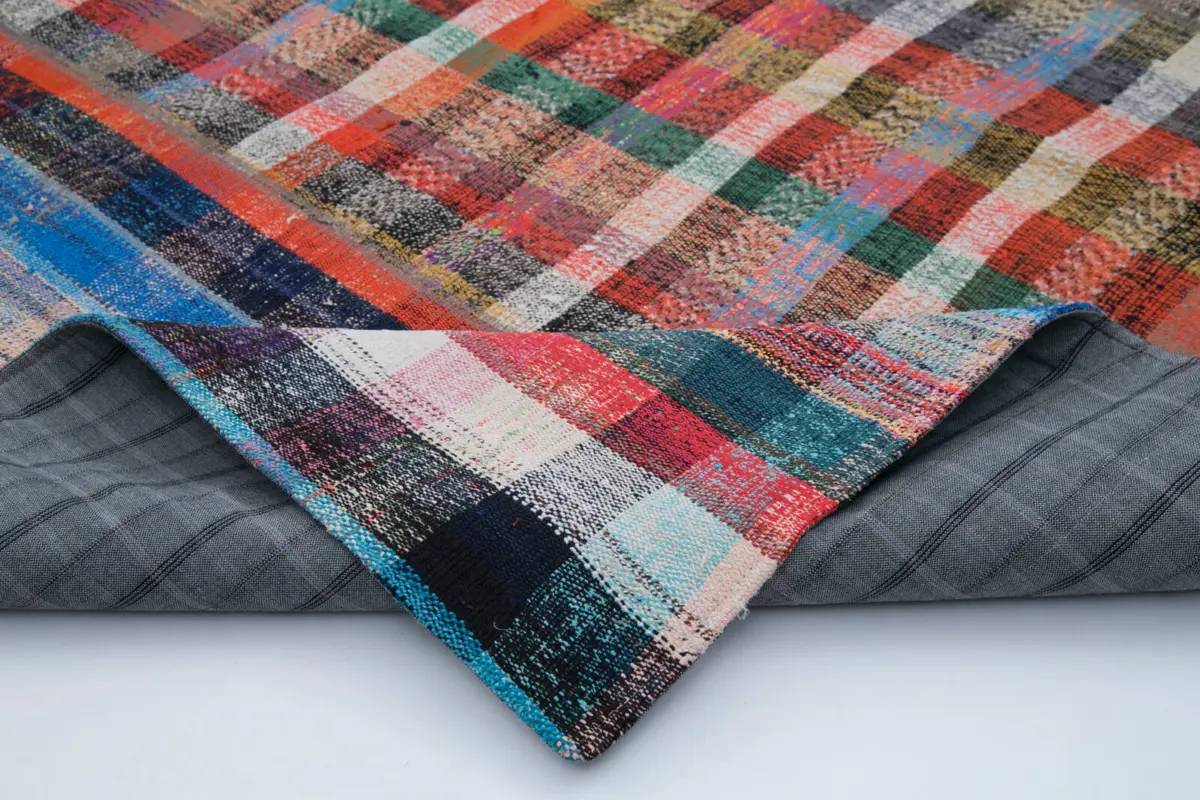 Chaput Patchwork Multi Renk Pamuk Üzerine Yün El Dokuma Kilim-202x285 - Görsel 5