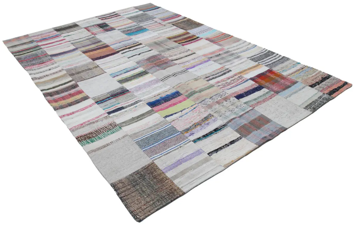Chaput Patchwork Beyaz Renk Pamuk Üzerine Yün El Dokuma Kilim-203x301 - Görsel 2