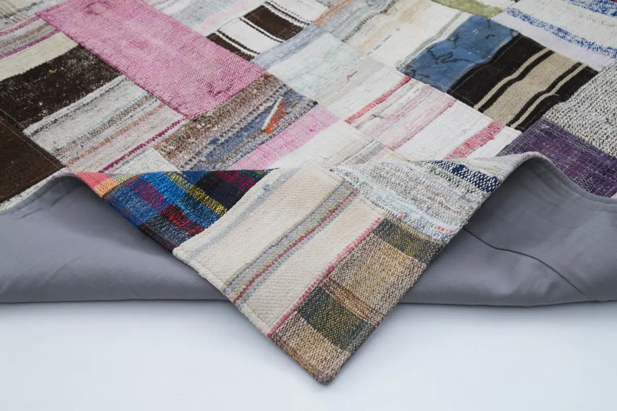 Chaput Patchwork Multi Renk Pamuk Üzerine Yün El Dokuma Kilim-206x304 - Görsel 5